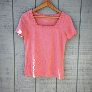 Talbots Cotton Modal Square Lace Neck T-Shirt sz XS Coral Pink Feminine Coastal